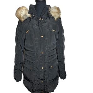 JONES New York Women Puffy Down Quilted Parka Faux Fur Hooded Jacket Sz S
